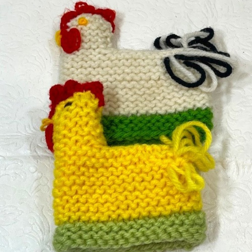 Two (2) Crocheted/Knitted Chicken/Hen Egg Cozies Covers Holder Decor 3.75"x4.5"